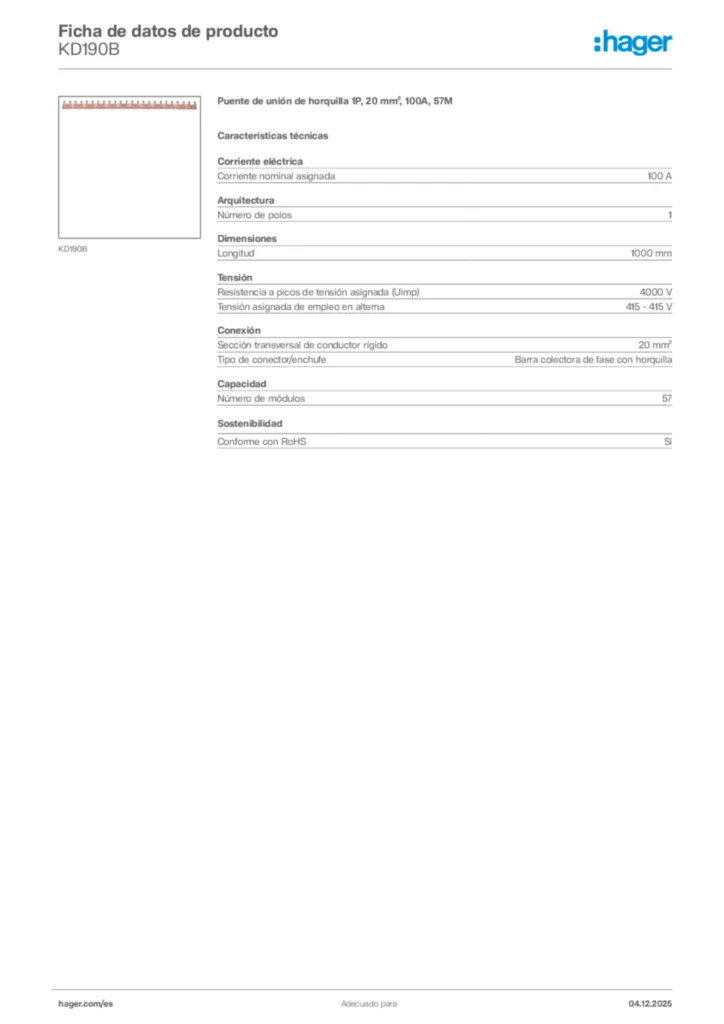 Imagen Hager Ficha de datos de producto KD190B | Hager España