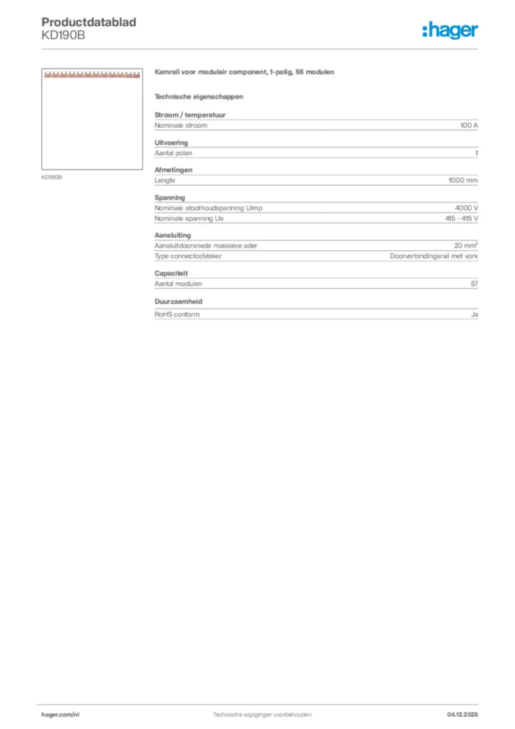 Afbeelding Hager Productdatablad KD190B | Hager Nederland