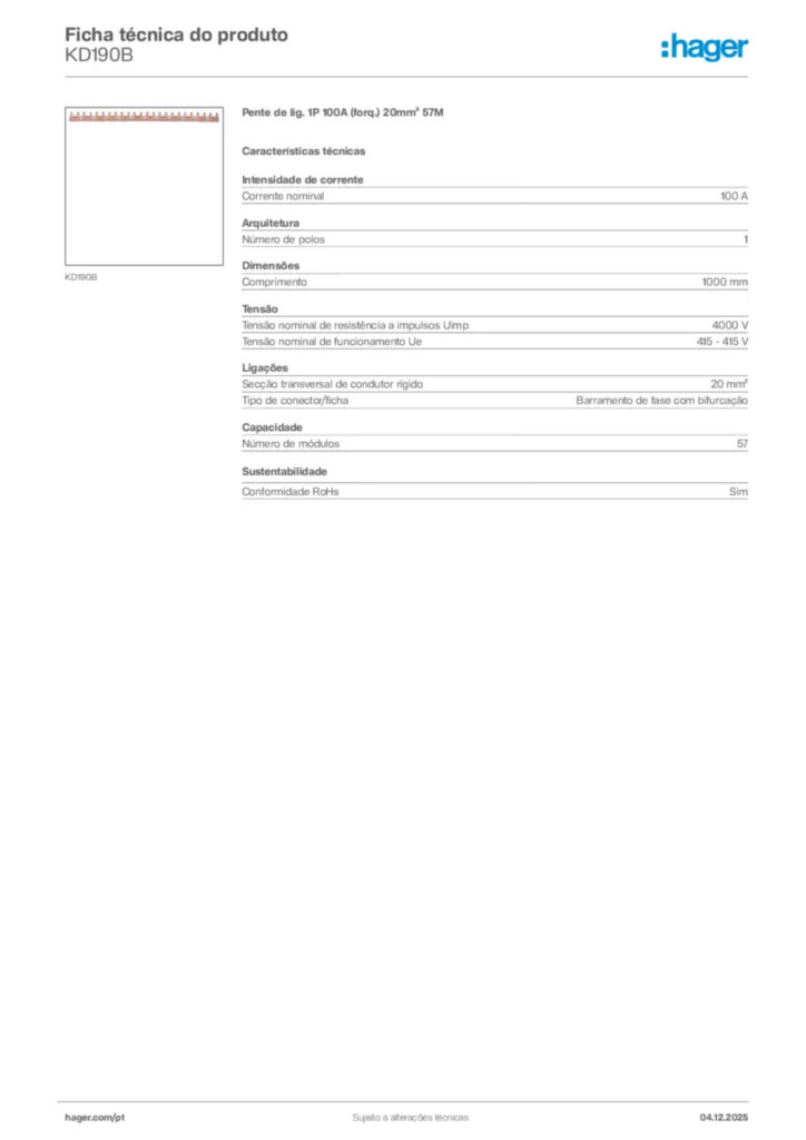 Imagem Hager Ficha técnica do produto KD190B | Hager Portugal