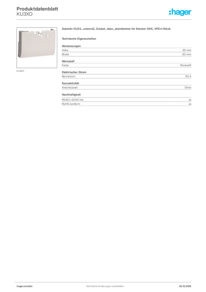 Bild Hager Produktdatenblatt KU3XO | Hager Deutschland