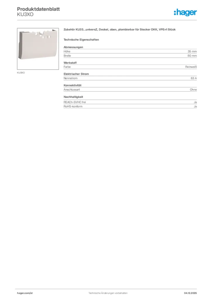 Bild Hager Produktdatenblatt KU3XO | Hager Deutschland