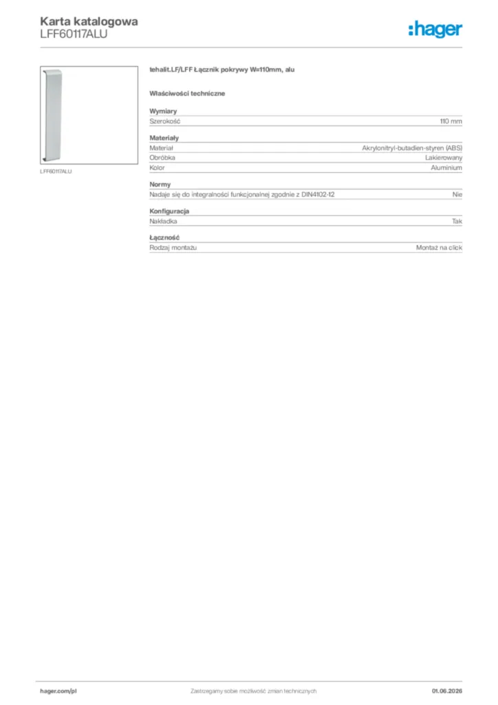 Zdjęcie Hager Karta katalogowa LFF60117ALU | Hager Polska