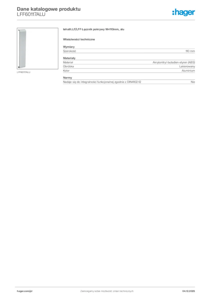 Zdjęcie Hager Dane katalogowe produktu LFF60117ALU | Hager Polska