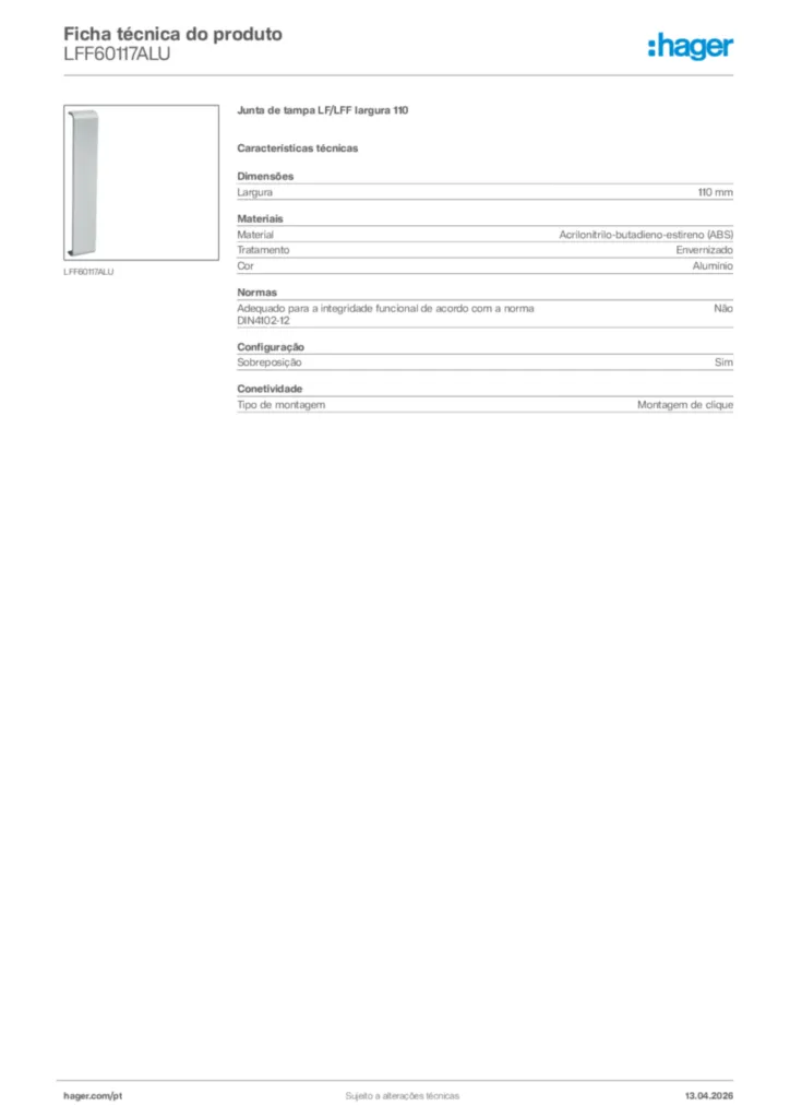 Imagem Hager Ficha técnica do produto LFF60117ALU | Hager Portugal