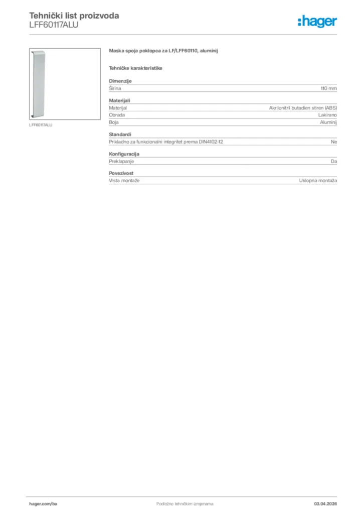 Slika Hager Tehnički list proizvoda LFF60117ALU  | Hager