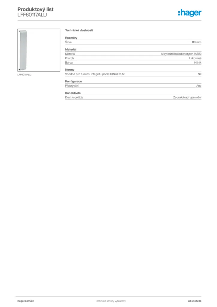Obrázek Hager Product data sheet LFF60117ALU | Hager