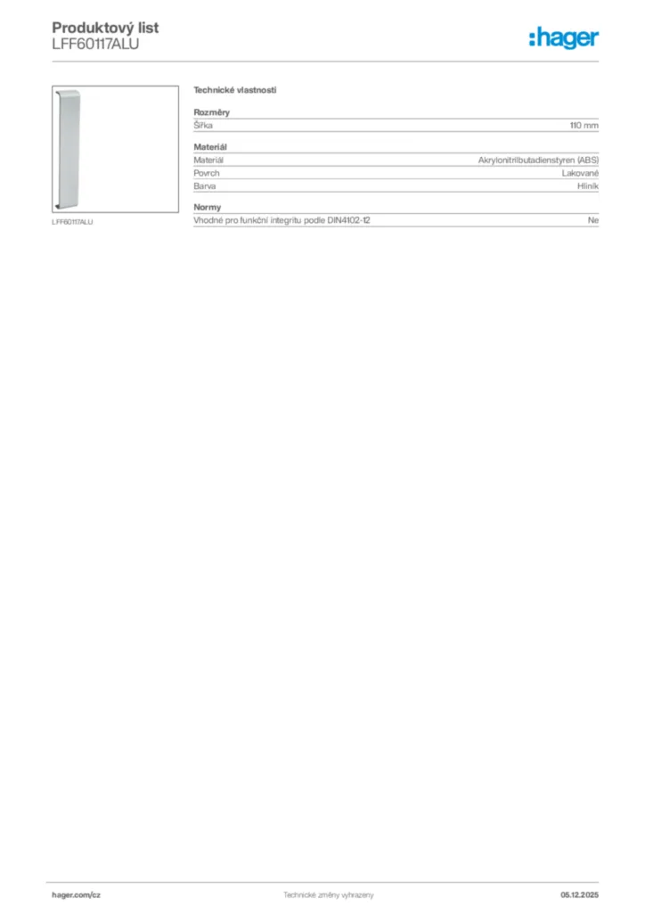 Obrázek Hager Produktový list LFF60117ALU | Hager