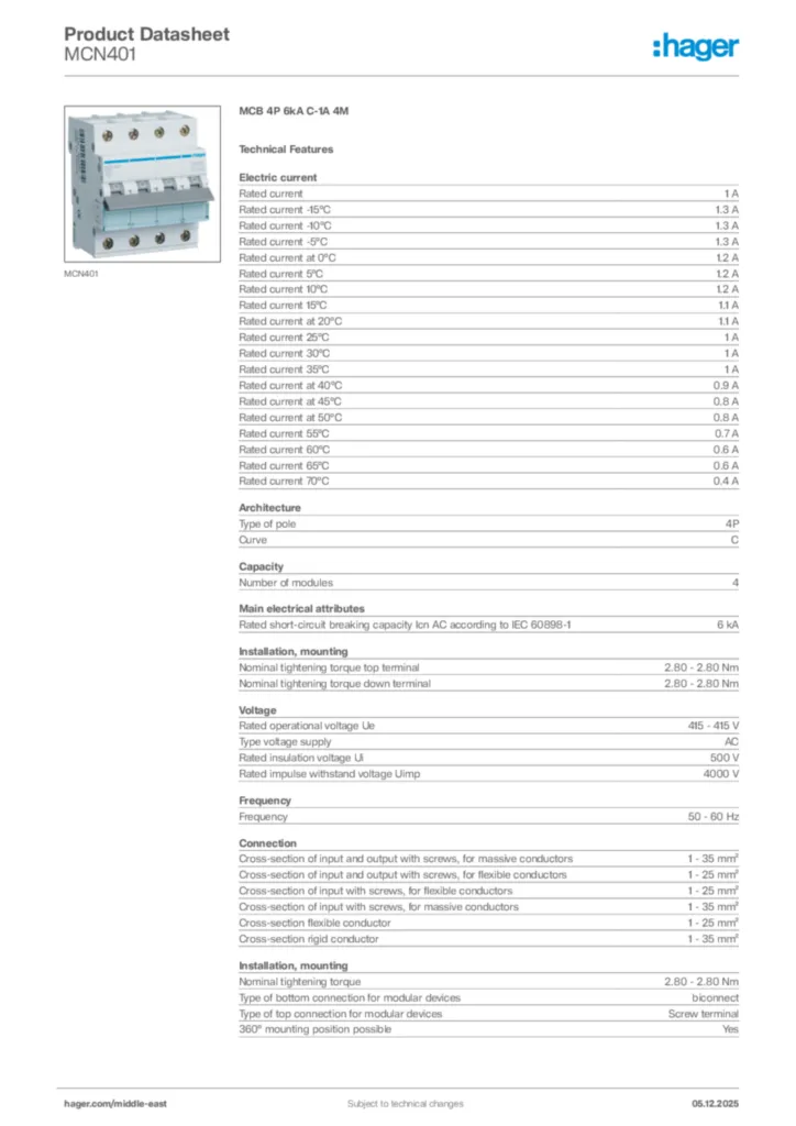 Image Hager Product data sheet MCN401  | Hager