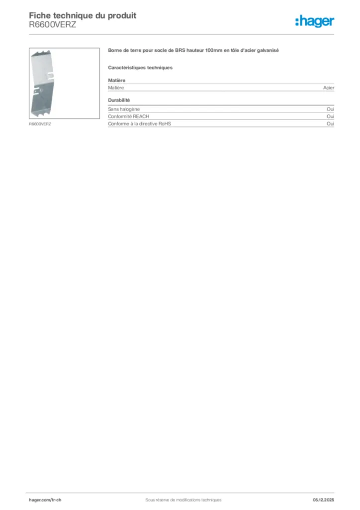 Image Hager Fiche technique du produit R6600VERZ | Hager Suisse