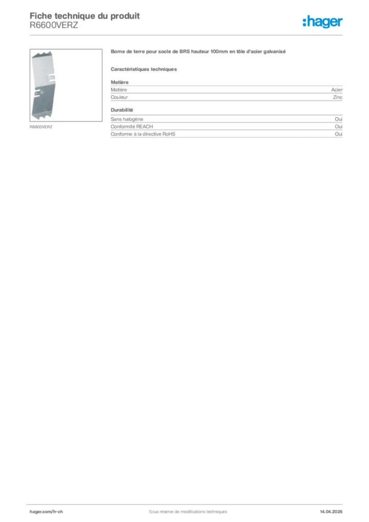 Image Hager Fiche technique du produit R6600VERZ | Hager Suisse