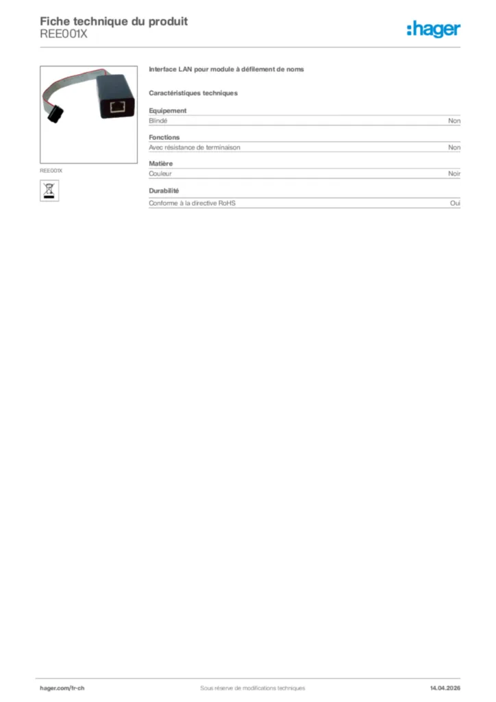 Image Hager Fiche technique du produit REE001X | Hager Suisse