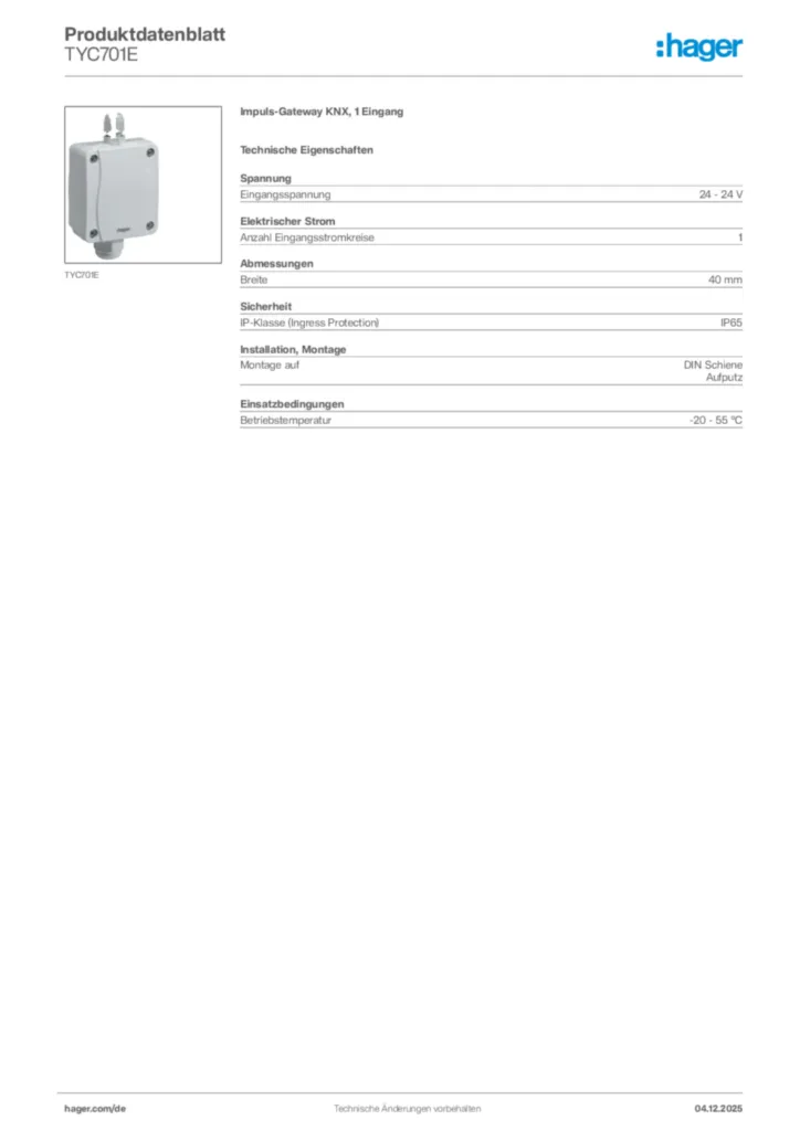Bild Hager Produktdatenblatt TYC701E | Hager Deutschland