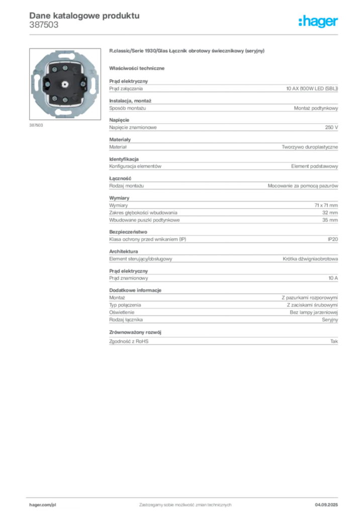 Zdjęcie Hager Dane katalogowe produktu 387503 | Hager Polska