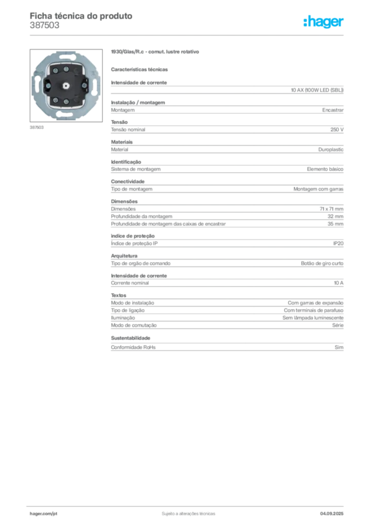 Imagem Hager Ficha técnica do produto 387503 | Hager Portugal