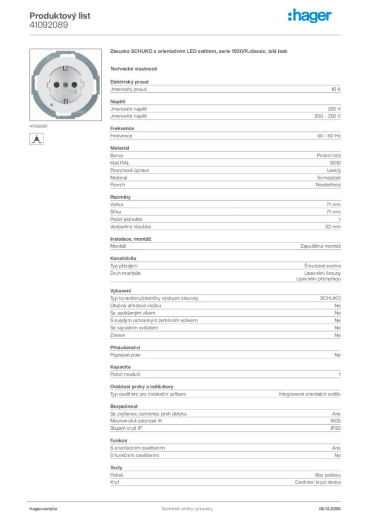 Obrázek Hager Product data sheet 41092089 | Hager