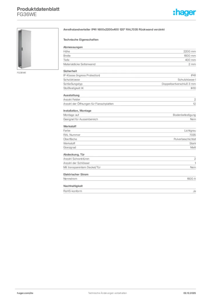 Bild Hager Produktdatenblatt FG36WE | Hager Deutschland