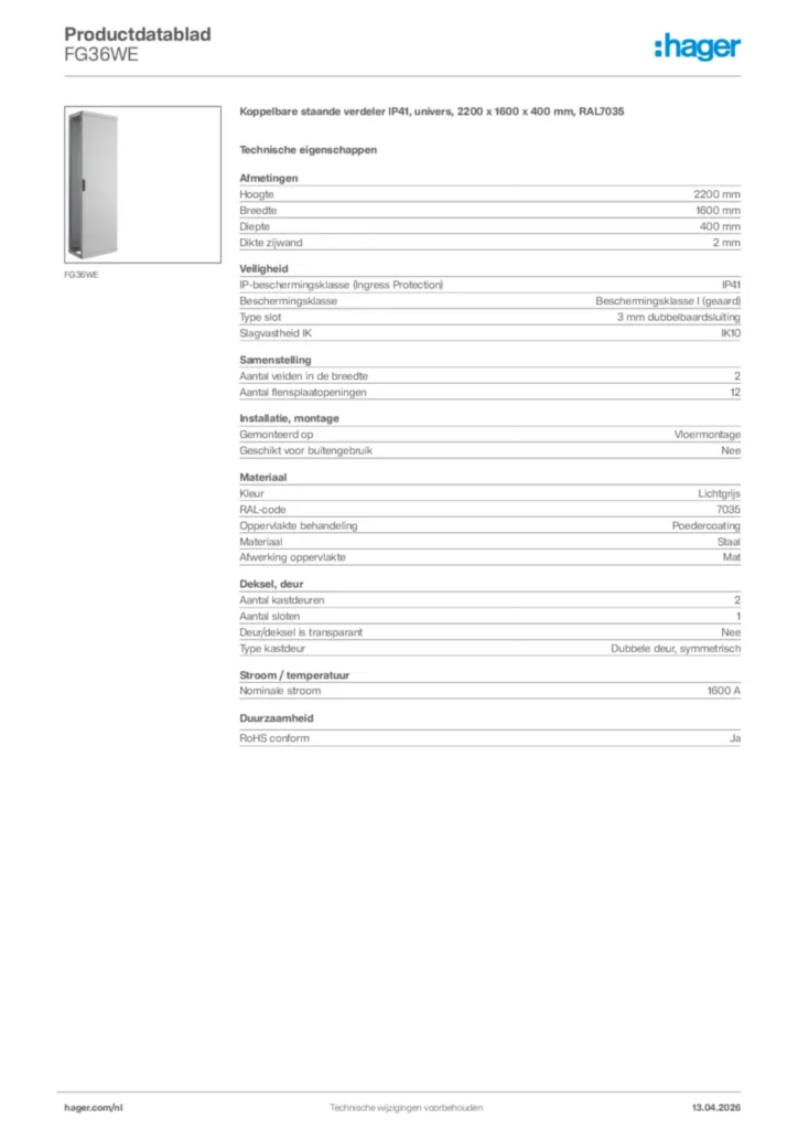 Afbeelding Hager Productdatablad FG36WE | Hager Nederland