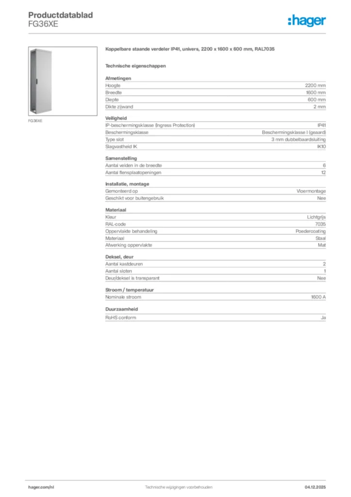 Afbeelding Hager Productdatablad FG36XE | Hager Nederland