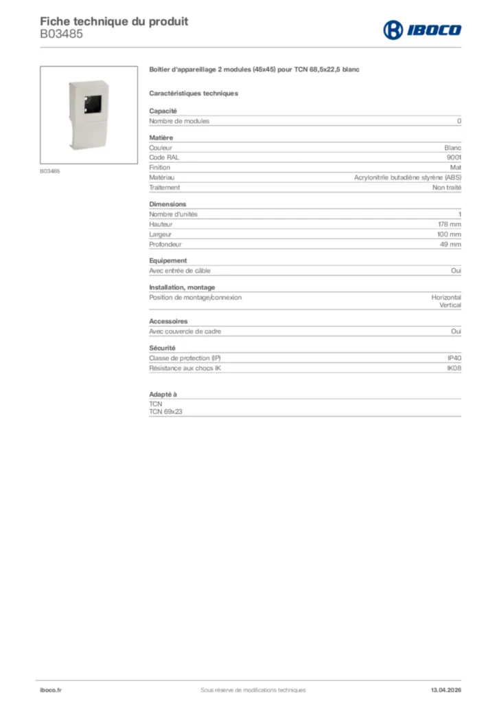 Image Iboco Fiche technique du produit B03485 | Hager France