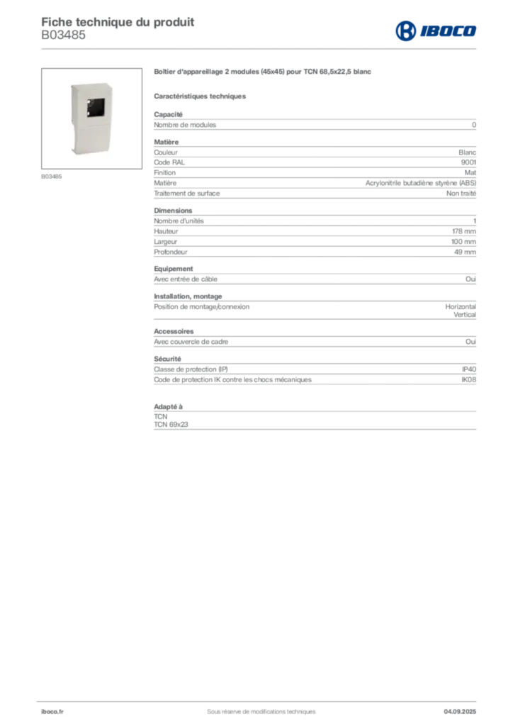 Image Iboco Fiche technique du produit B03485 | Hager France