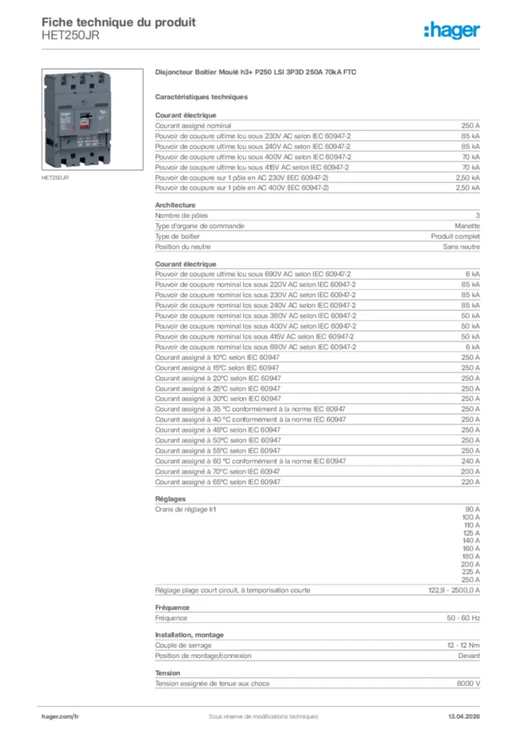 Image Hager Fiche technique du produit HET250JR | Hager France