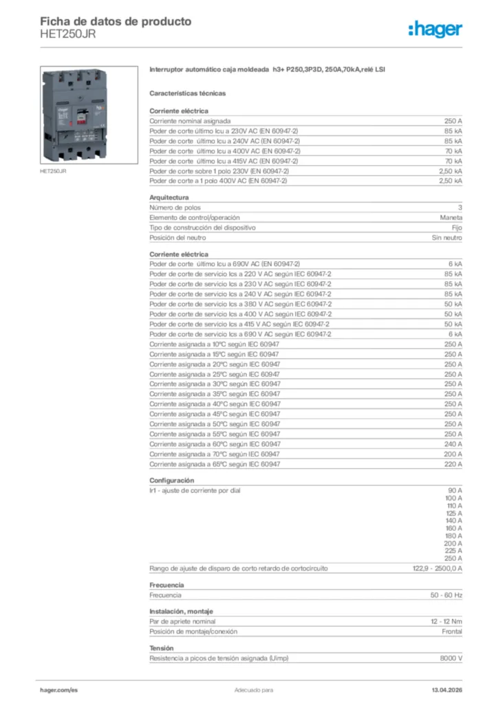 Imagen Hager Ficha de datos de producto HET250JR | Hager España
