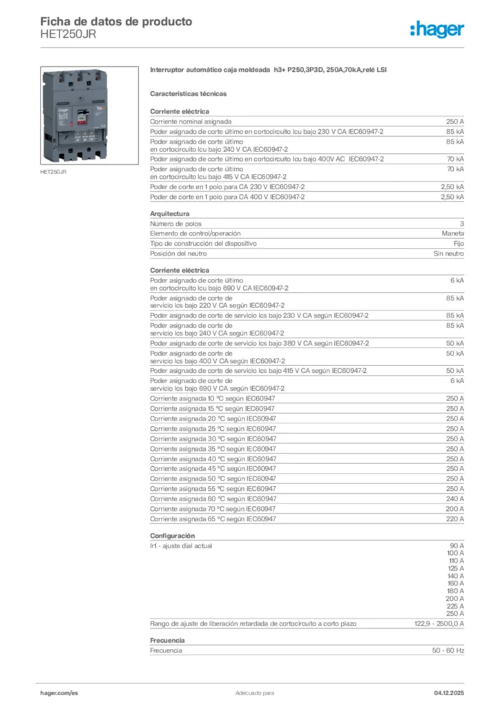Imagen Hager Ficha de datos de producto HET250JR | Hager España
