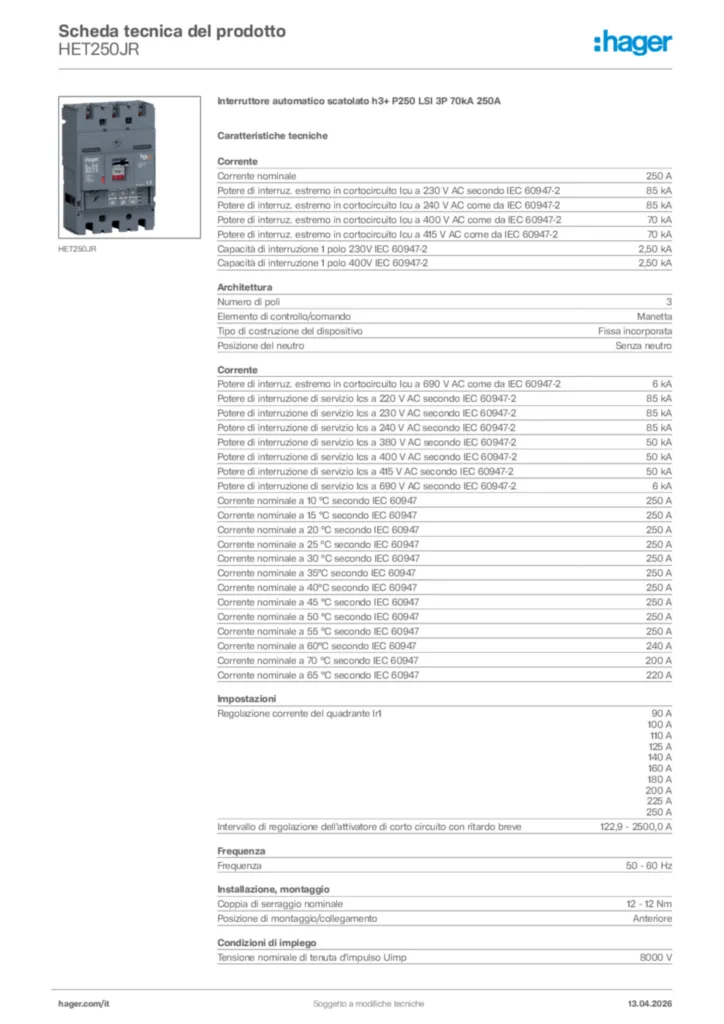 Immagine Hager Scheda tecnica del prodotto HET250JR | Hager Italia