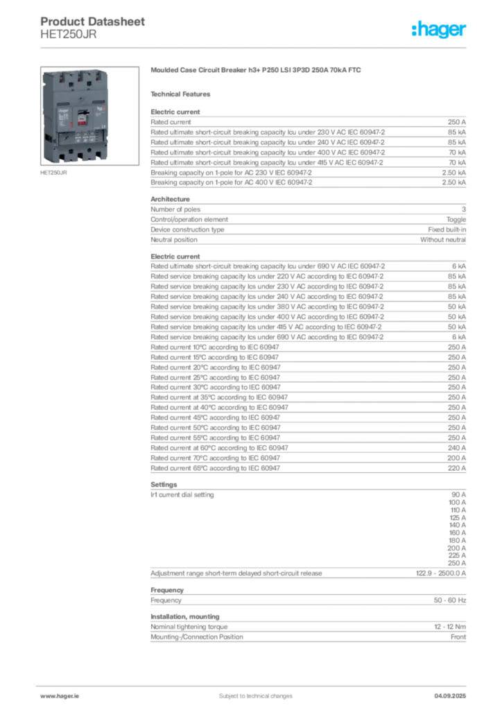 Image Hager Product data sheet HET250JR  | Hager
