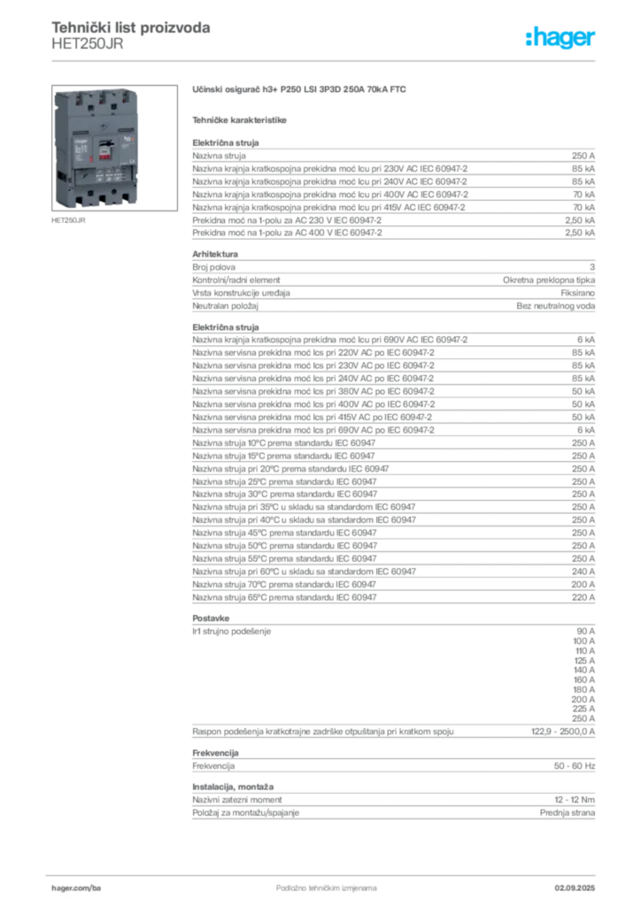 Slika Hager Tehnički list proizvoda HET250JR  | Hager