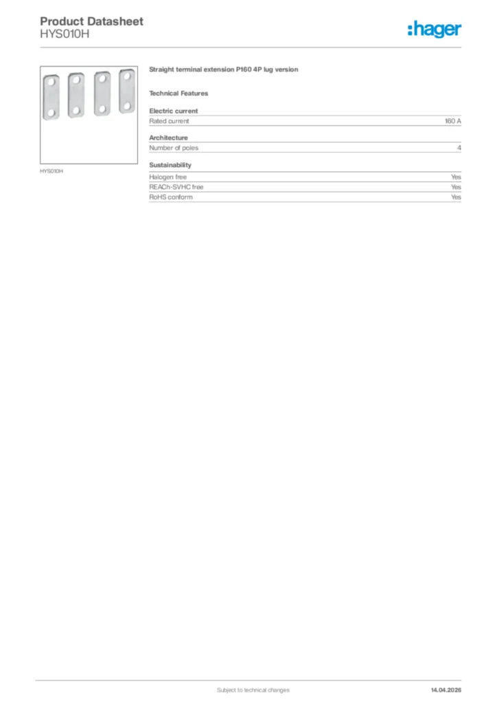 Image Hager Product data sheet HYS010H  | Hager Africa