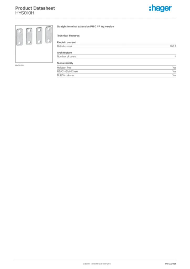 Image Hager Product data sheet HYS010H  | Hager Africa