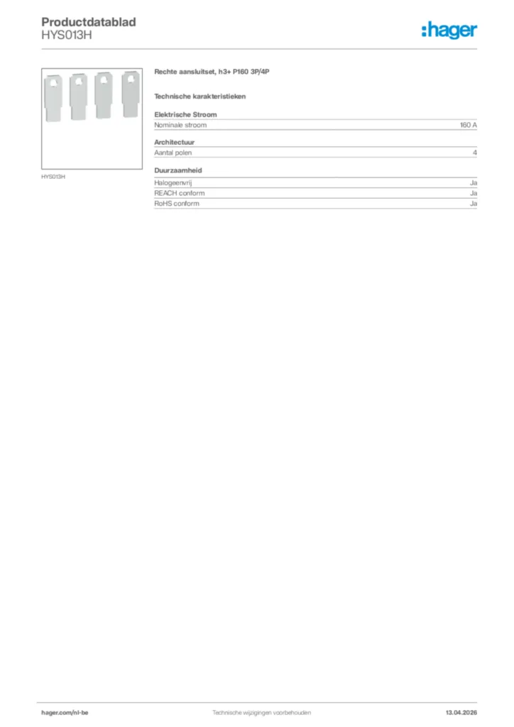Afbeelding Hager Productdatablad HYS013H | Hager Belgium