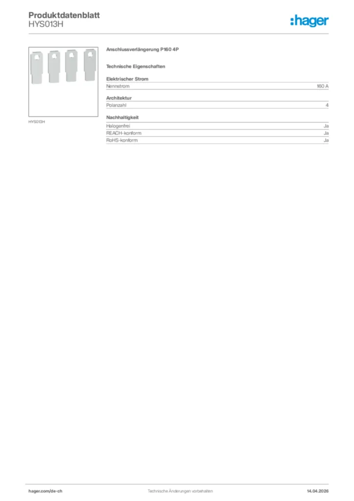 Bild Hager Produktdatenblatt HYS013H | Hager Schweiz