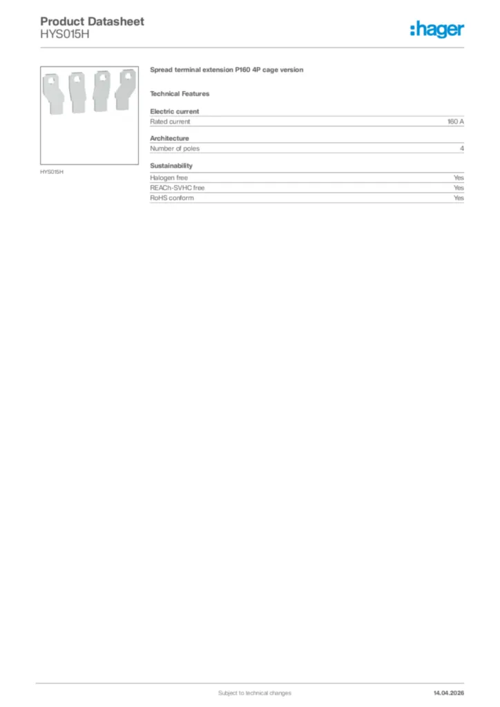 Image Hager Product data sheet HYS015H  | Hager Africa
