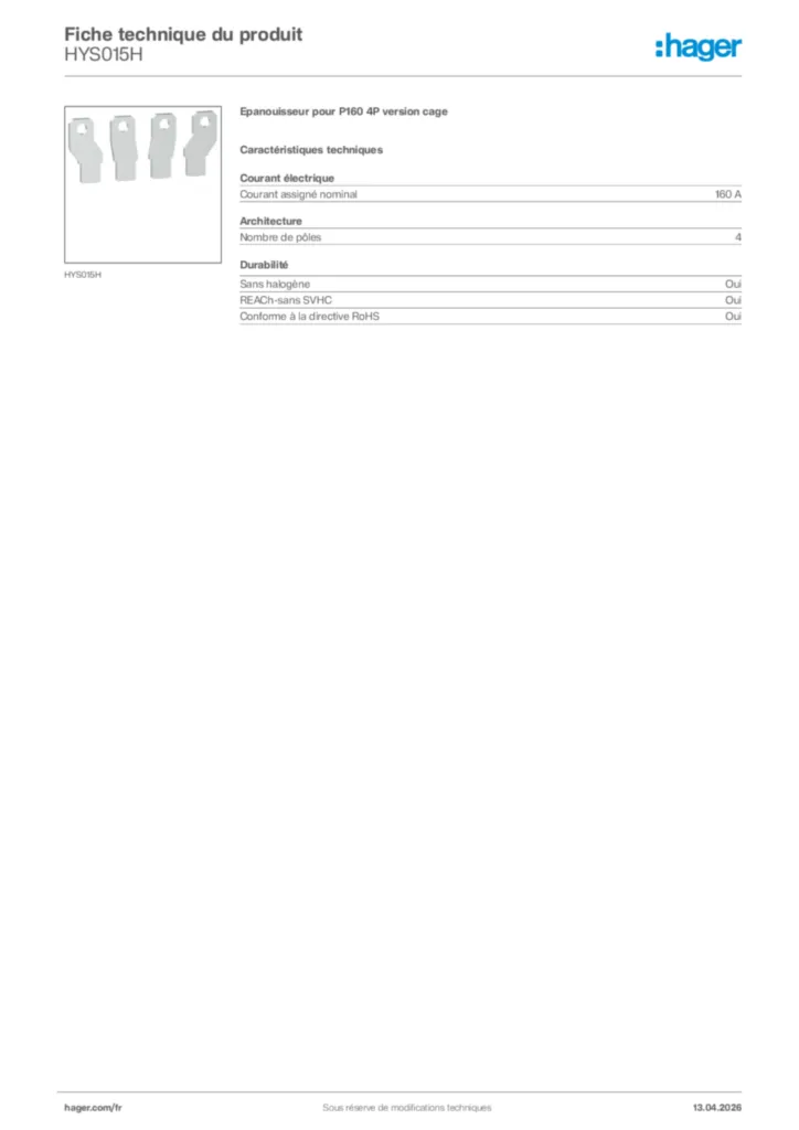 Image Hager Fiche technique du produit HYS015H | Hager France