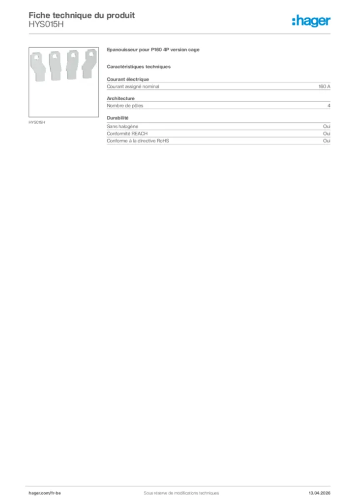 Image Hager Fiche technique du produit HYS015H | Hager Belgique