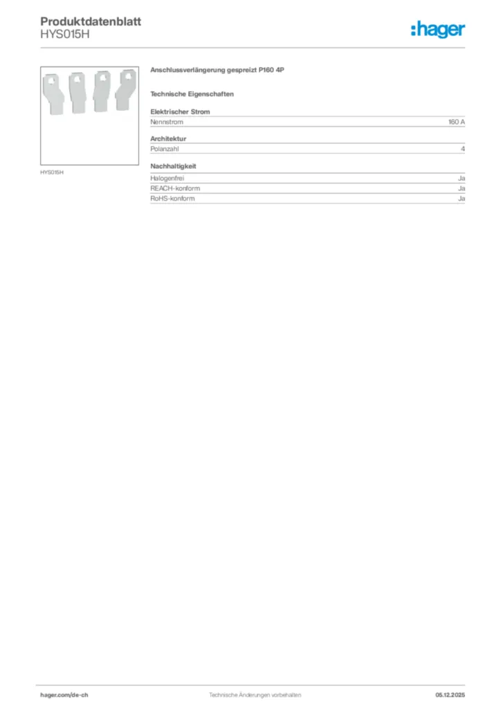 Bild Hager Produktdatenblatt HYS015H | Hager Schweiz