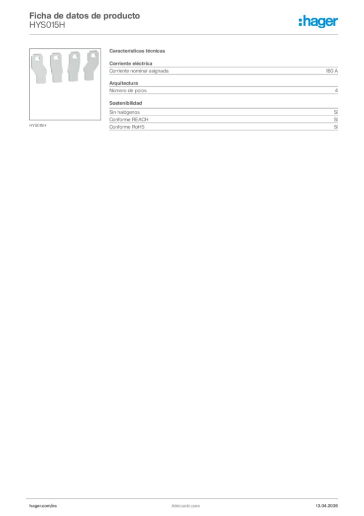 Imagen Hager Ficha de datos de producto HYS015H | Hager España
