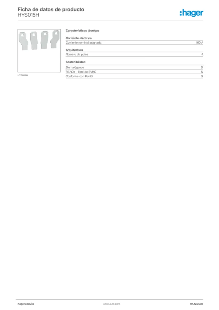 Imagen Hager Ficha de datos de producto HYS015H | Hager España