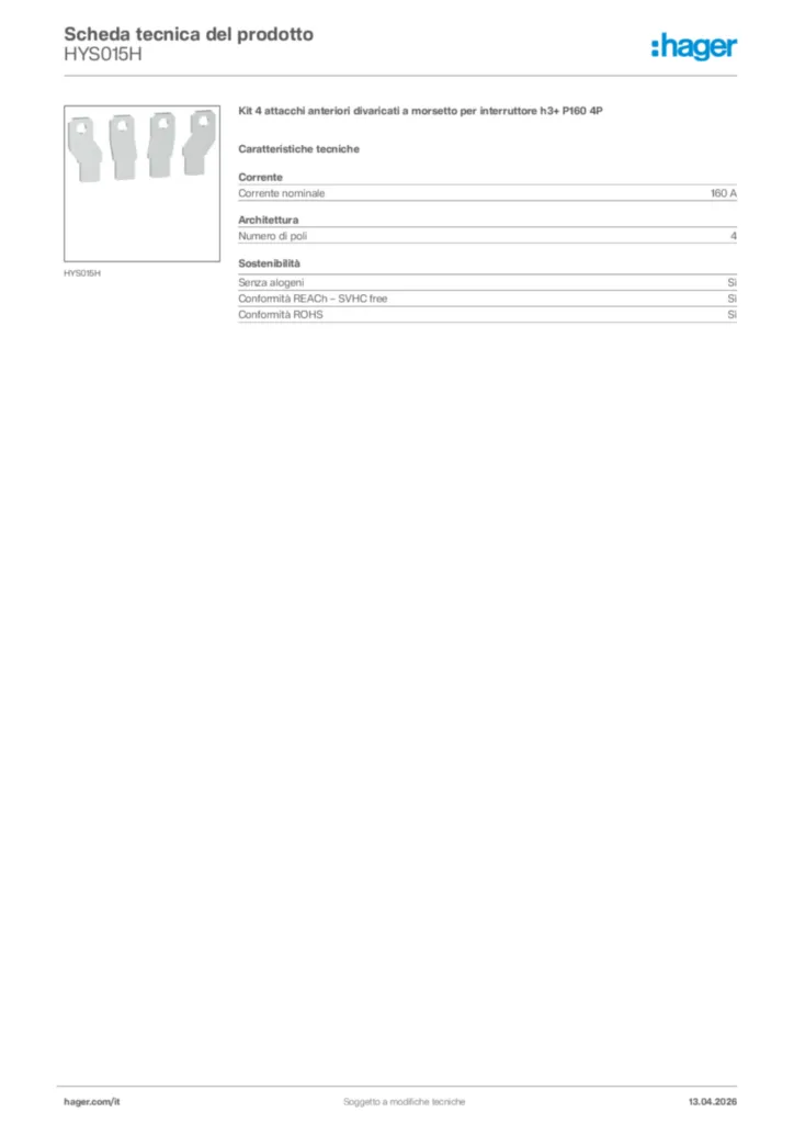 Immagine Hager Scheda tecnica del prodotto HYS015H | Hager Italia