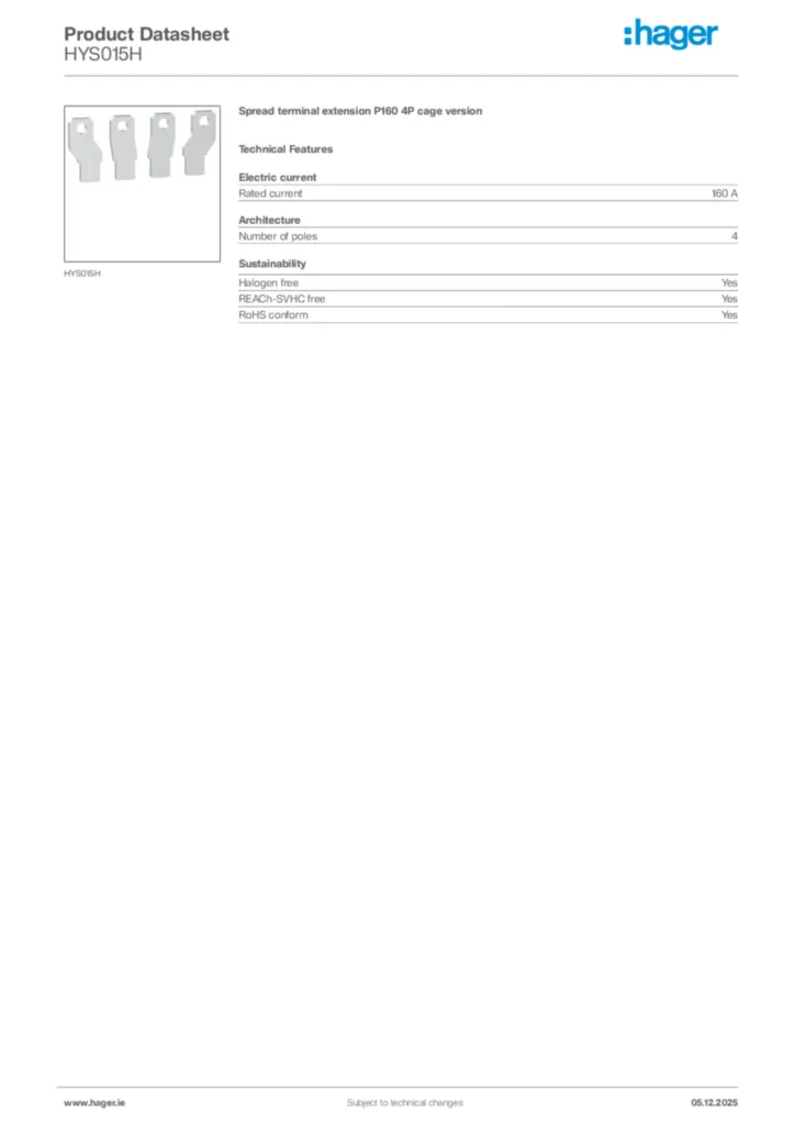 Image Hager Product data sheet HYS015H  | Hager