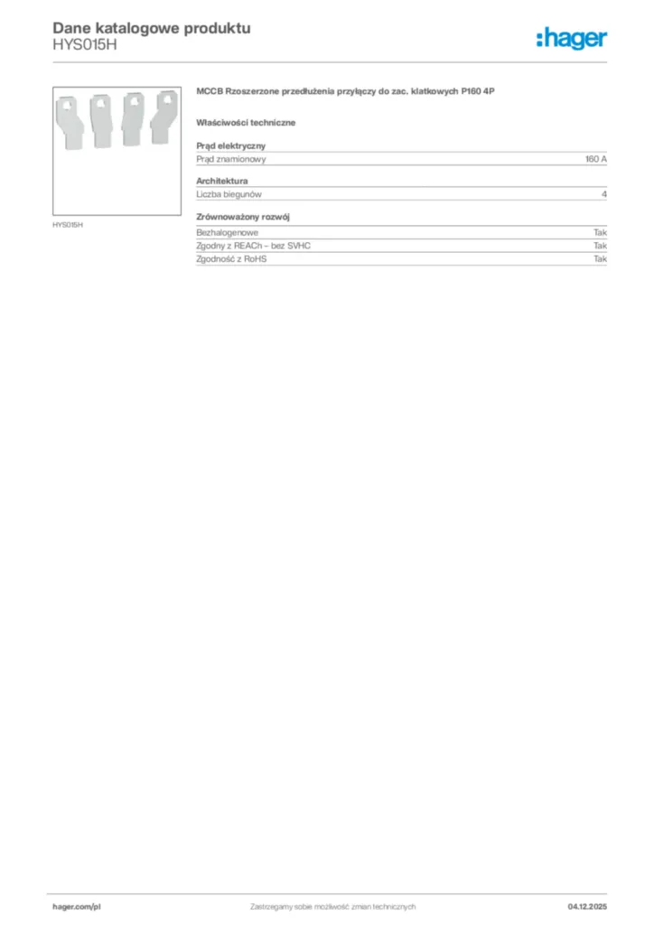 Zdjęcie Hager Karta katalogowa HYS015H | Hager Polska