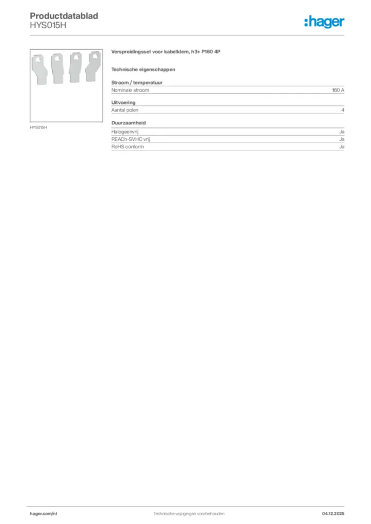 Afbeelding Hager Productdatablad HYS015H | Hager Nederland