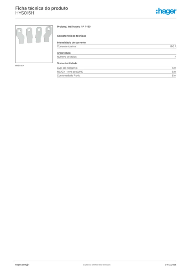Imagem Hager Ficha técnica do produto HYS015H | Hager Portugal