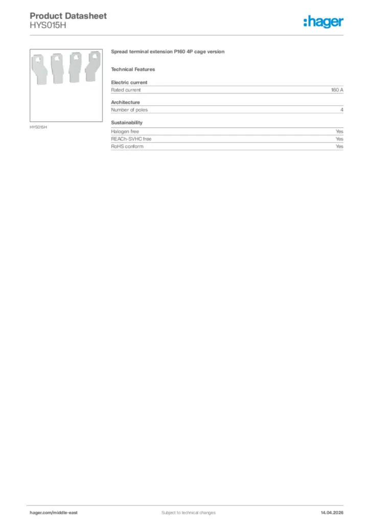 Image Hager Product data sheet HYS015H  | Hager