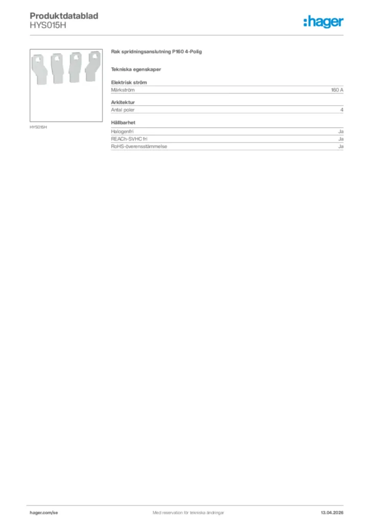 Bild Hager Produktdatablad HYS015H | Hager Sverige