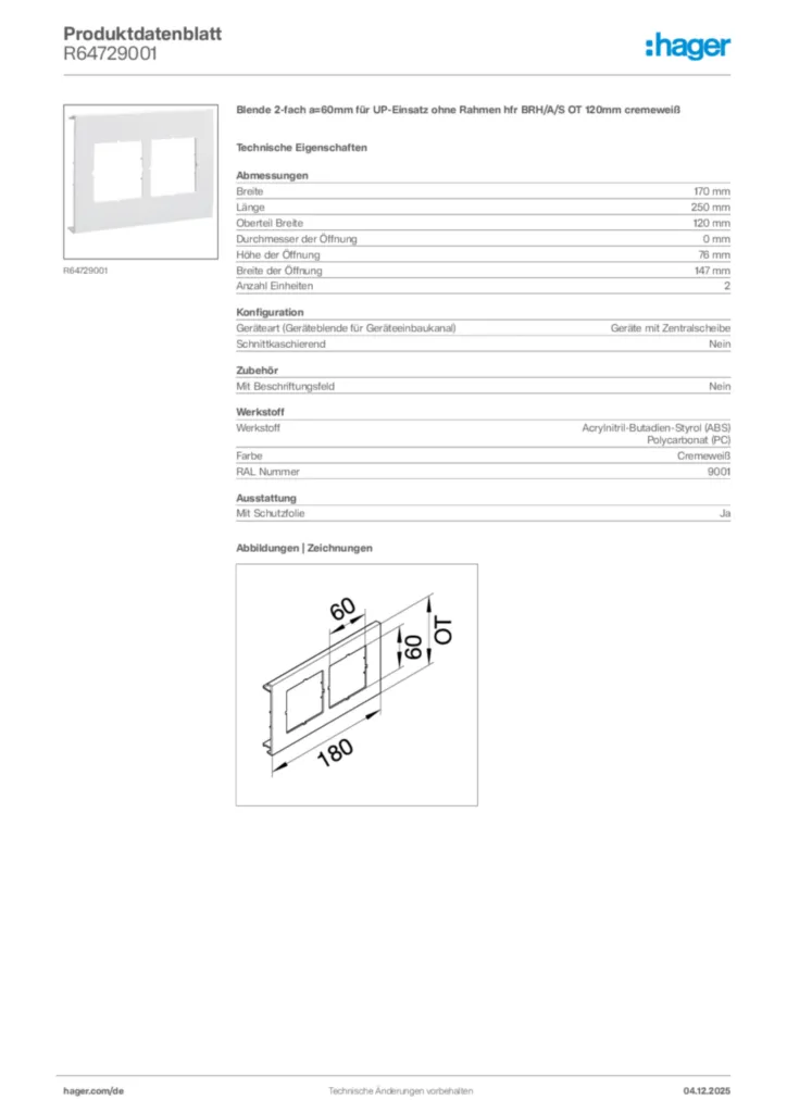 Bild Hager Produktdatenblatt R64729001 | Hager Deutschland