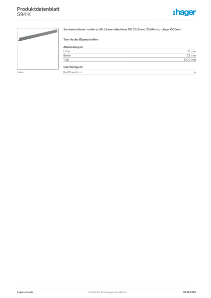 Bild Hager Produktdatenblatt S941K | Hager Deutschland