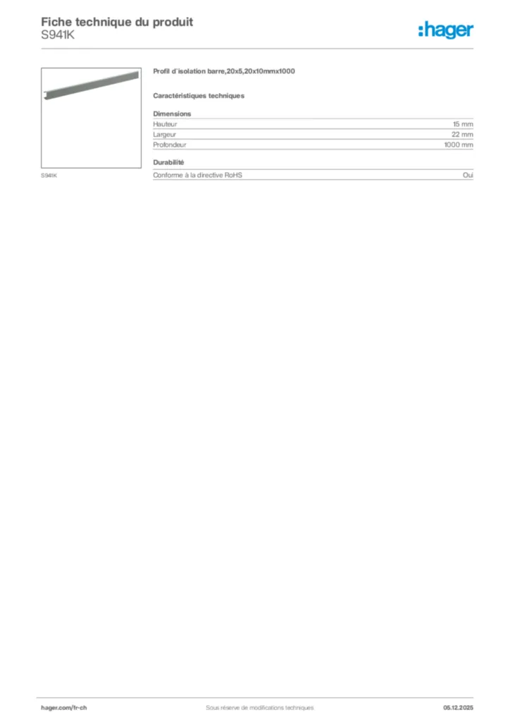 Image Hager Fiche technique du produit S941K | Hager Suisse